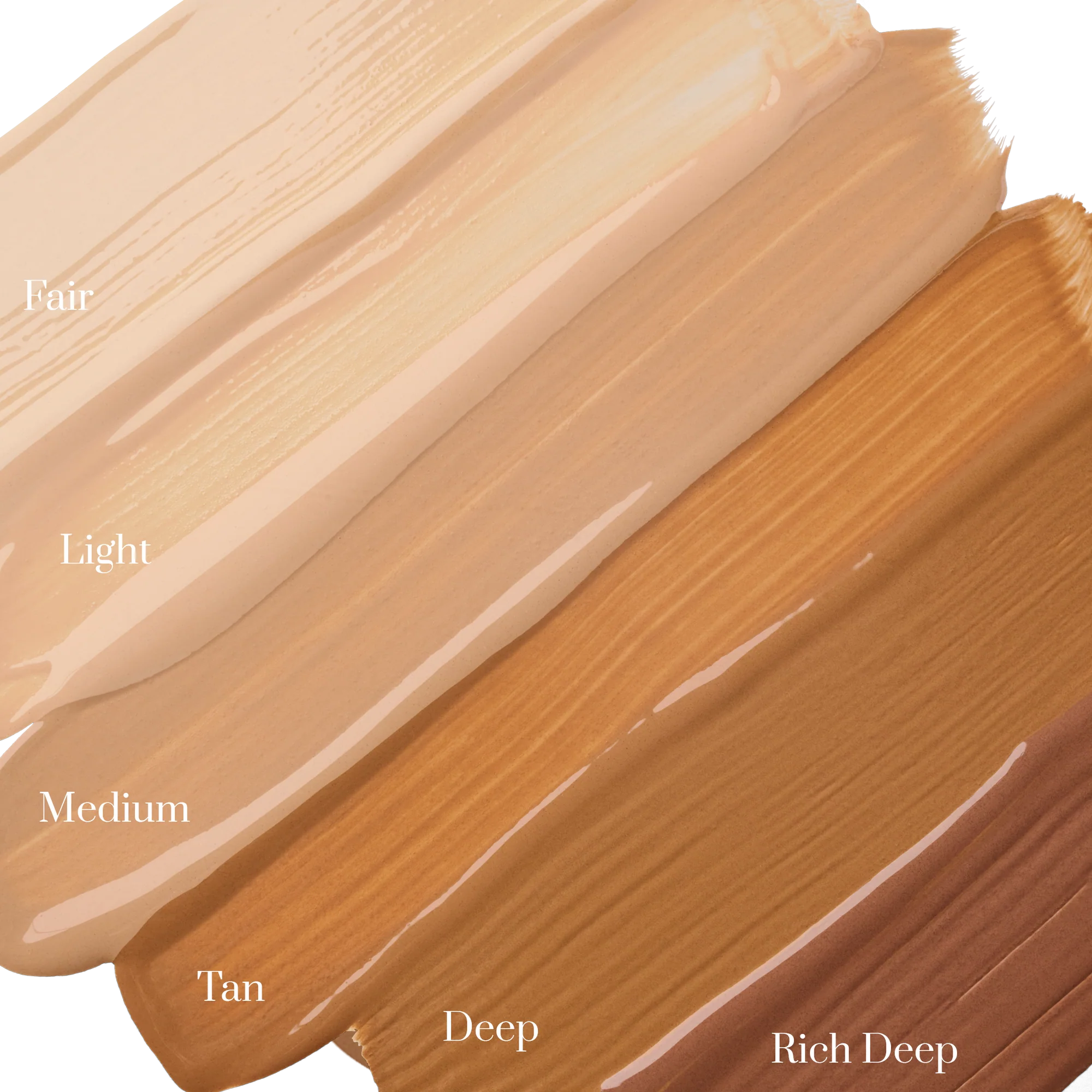 Gradient swatches of foundation in fair, light, medium, tan, deep, and rich deep shades.