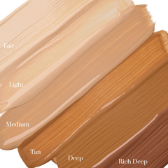 Gradient swatches of foundation in fair, light, medium, tan, deep, and rich deep shades.