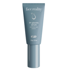 A tube of Face Reality 5% glycolic serum with a white and blue label, indicating its purpose for exfoliating and renewing skin.