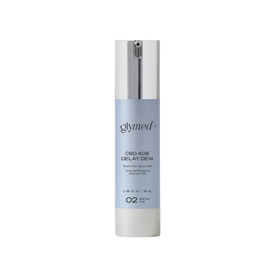 A pump bottle of GlyMed+ Hemp Age Delay Dew, a skin care product.