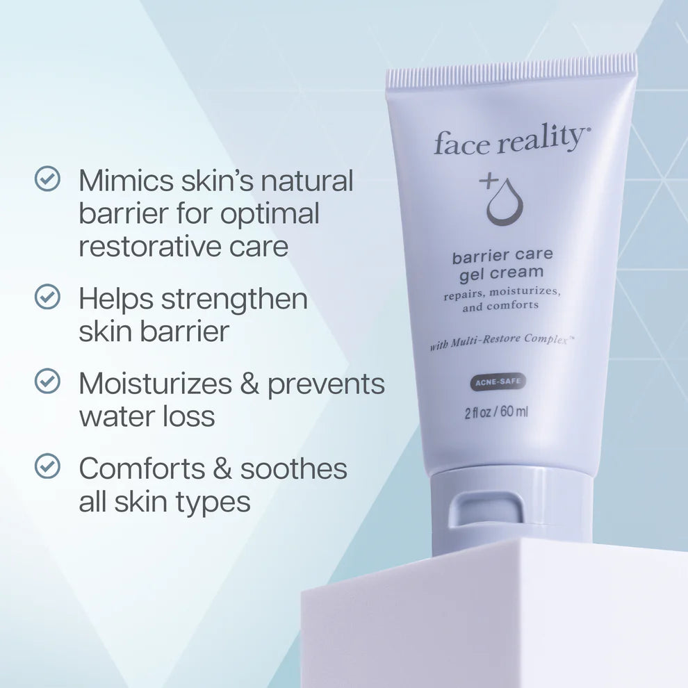 Tube of 'face reality' barrier care gel cream with text highlighting its benefits on a light blue background.
