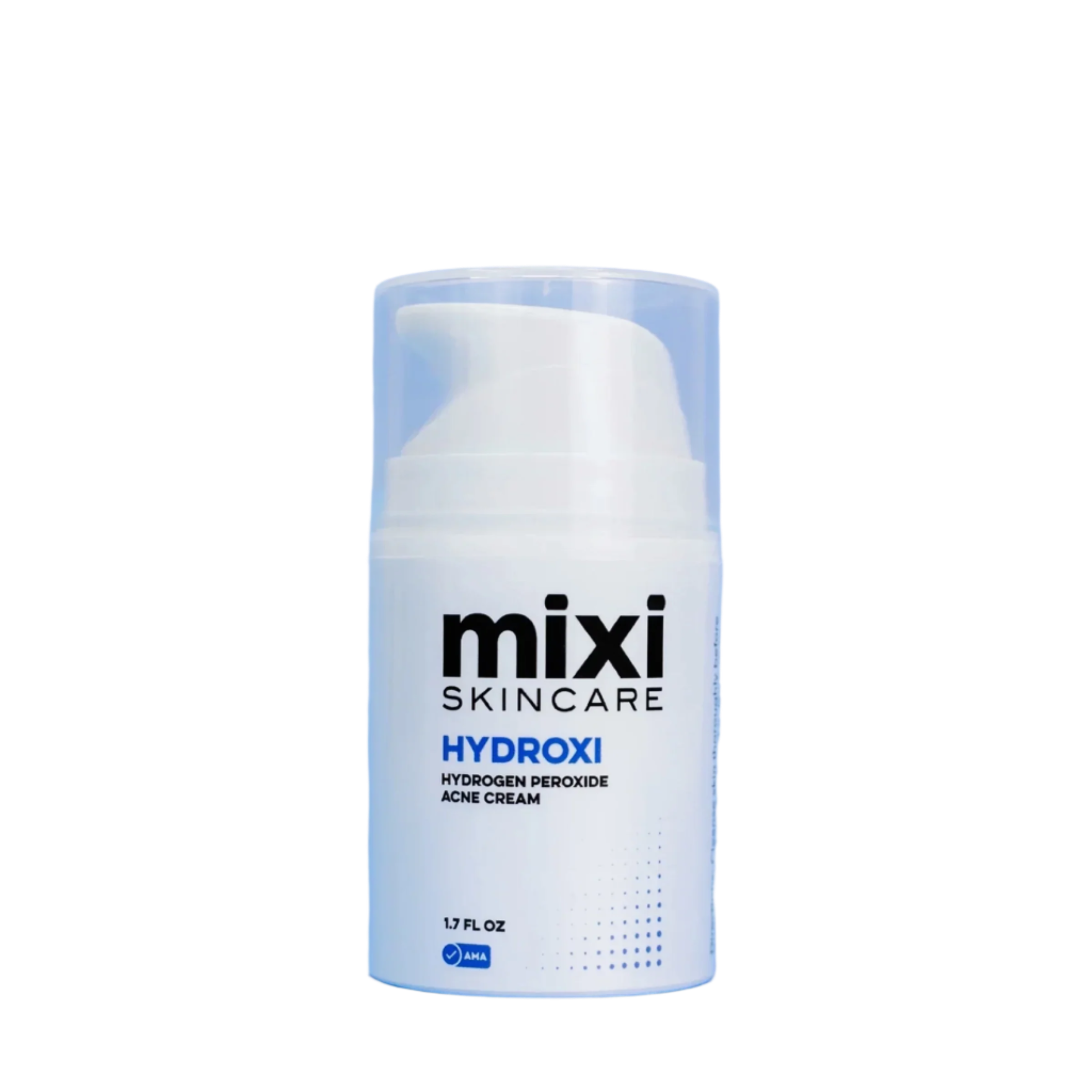 White bottle of mixi Skincare Hydroxi Acne Cream on a light blue background