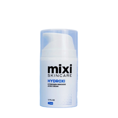 White bottle of mixi Skincare Hydroxi Acne Cream on a light blue background