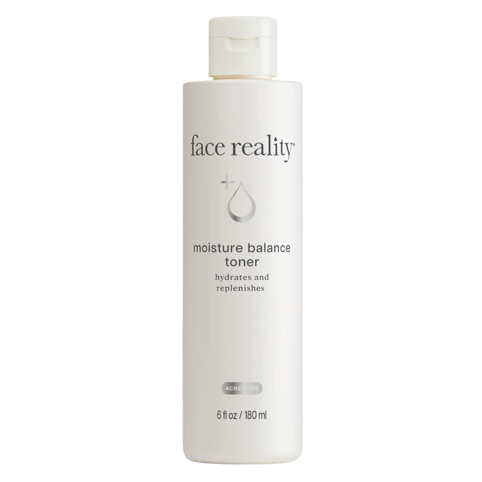 A bottle of Face Reality Moisture Balance Toner, which is a fragrance-free toner intended for hydration and moisture maintenance.