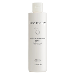 A bottle of Face Reality Moisture Balance Toner, which is a fragrance-free toner intended for hydration and moisture maintenance.