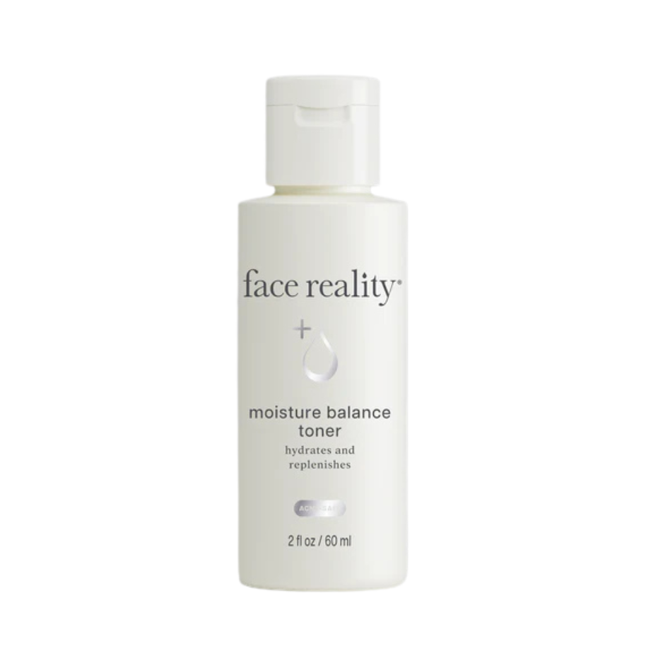A bottle of Face Reality Moisture Balance Toner, which is a fragrance-free toner intended for hydration and moisture maintenance.
