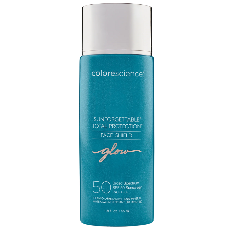A bottle of Sunforgettable Face Shield Glow SPF 50 sunscreen by Colorescience.