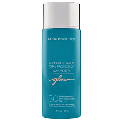 A bottle of Sunforgettable Face Shield Glow SPF 50 sunscreen by Colorescience.