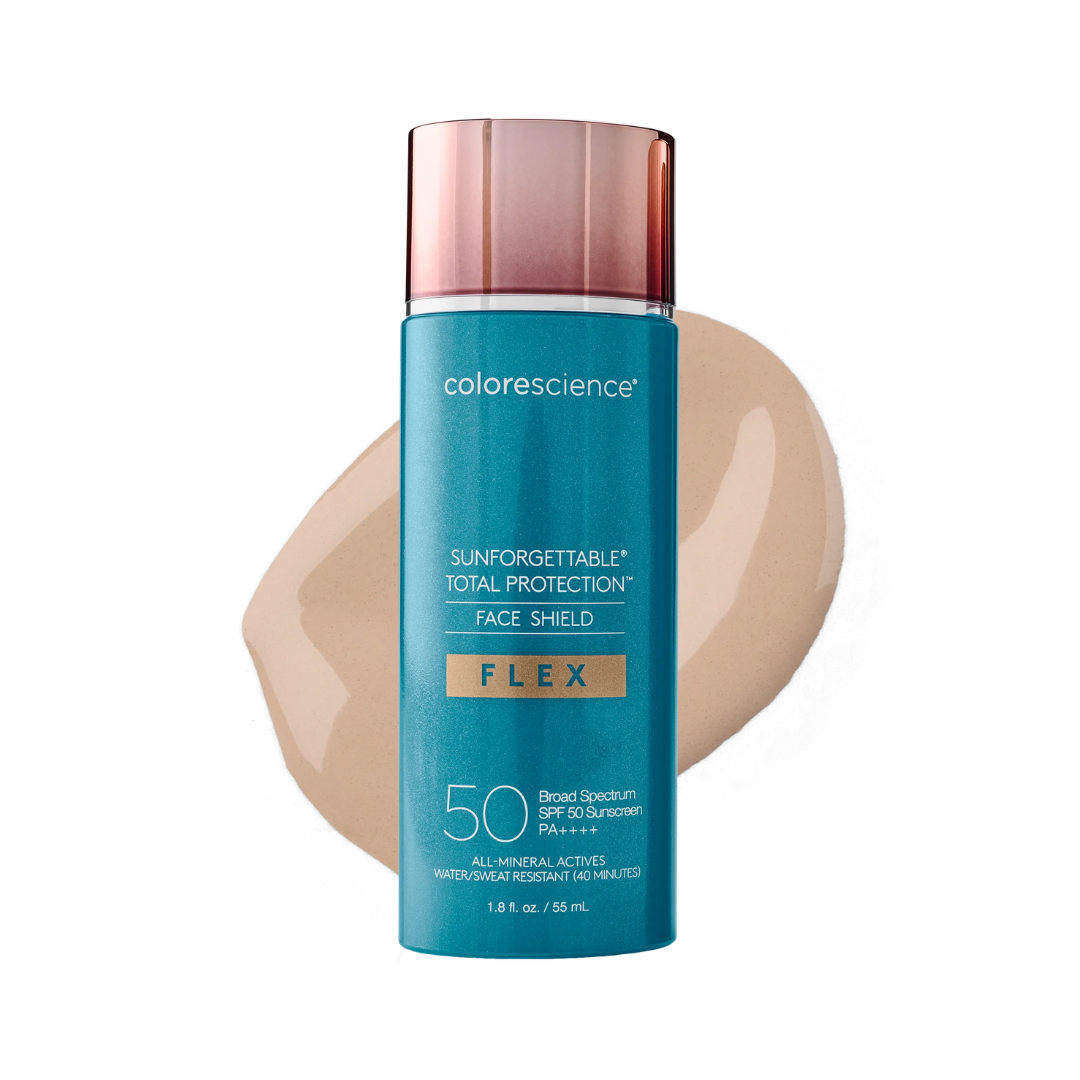 Blue bottle of sunscreen with beige color swatch on white background