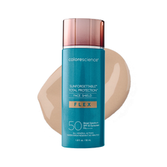 Blue bottle of sunscreen with beige color swatch on white background