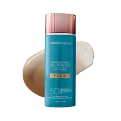 Blue sunscreen face shield with gold label on white background