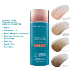SPF 50 face shield with color swatches and product features.