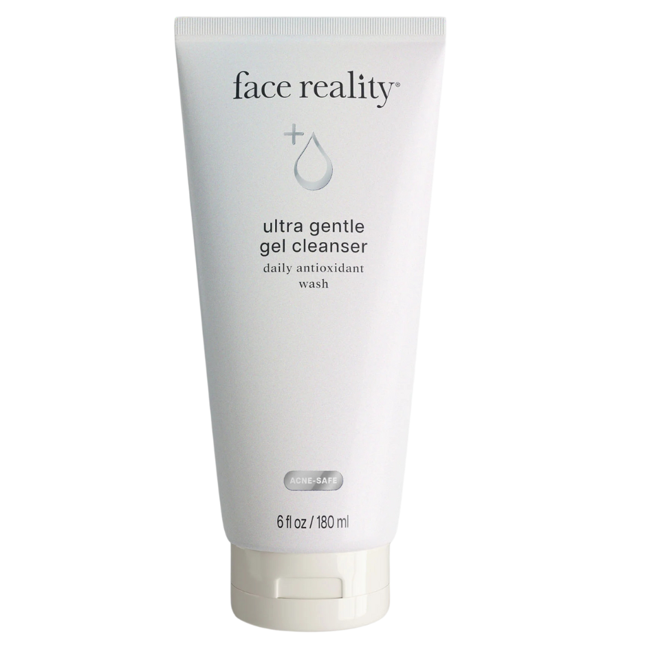 A tube of Face Reality Ultra Gentle Gel Cleanser against a white background.