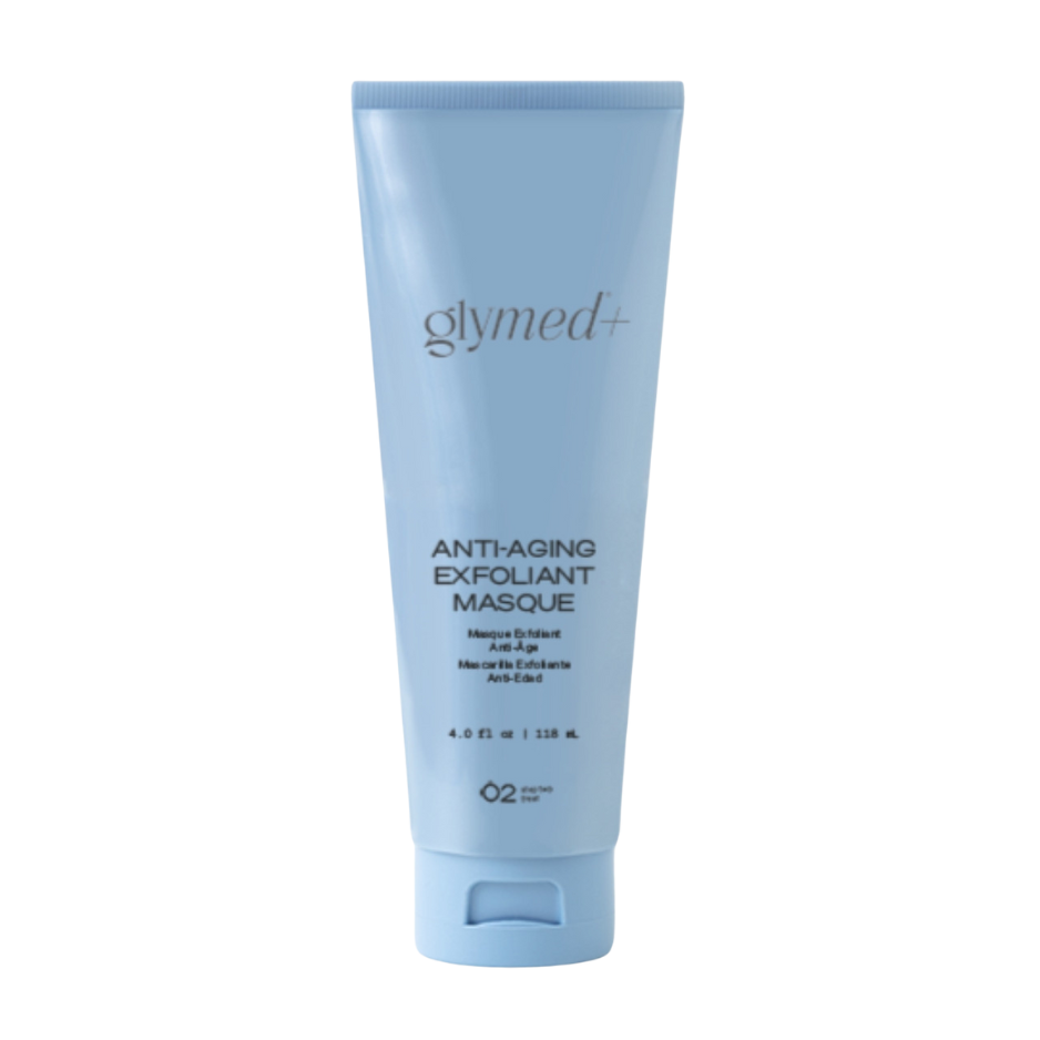 A tube of glymed+ Anti-Aging Exfoliant Mask with a blue label and cap.