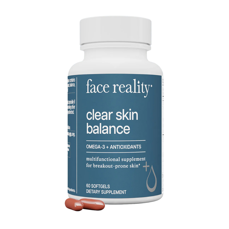 A bottle of 'Clear Skin Balance' supplement by Face Reality, with 90 softgels, focusing on Omega-3s and antioxidants for skin health.