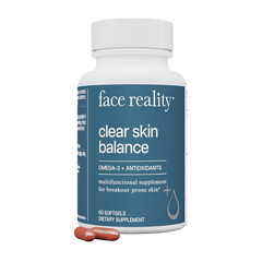 A bottle of 'Clear Skin Balance' supplement by Face Reality, with 90 softgels, focusing on Omega-3s and antioxidants for skin health.