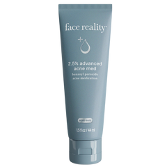 A tube of Face Reality 2.5% Advanced Acne Med gel medication.