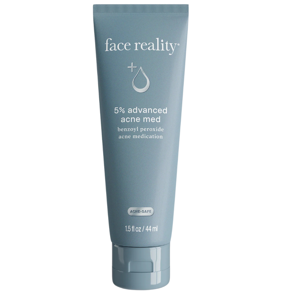 A tube of Face Reality 5% advanced acne med gel with white and blue labeling.