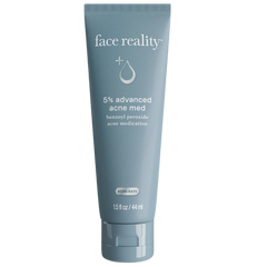 A tube of Face Reality 5% advanced acne med gel with white and blue labeling.