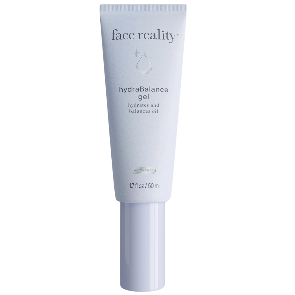 A tube of Hydrabalance Gel by Face Reality with white and green labeling, indicating it is a hydrating skincare product.
