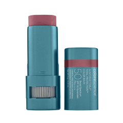 A stick of Sunforgettable Total Protection Color Balm SPF 50 with the cap off, showing the balm stick with a raspberry color shade.