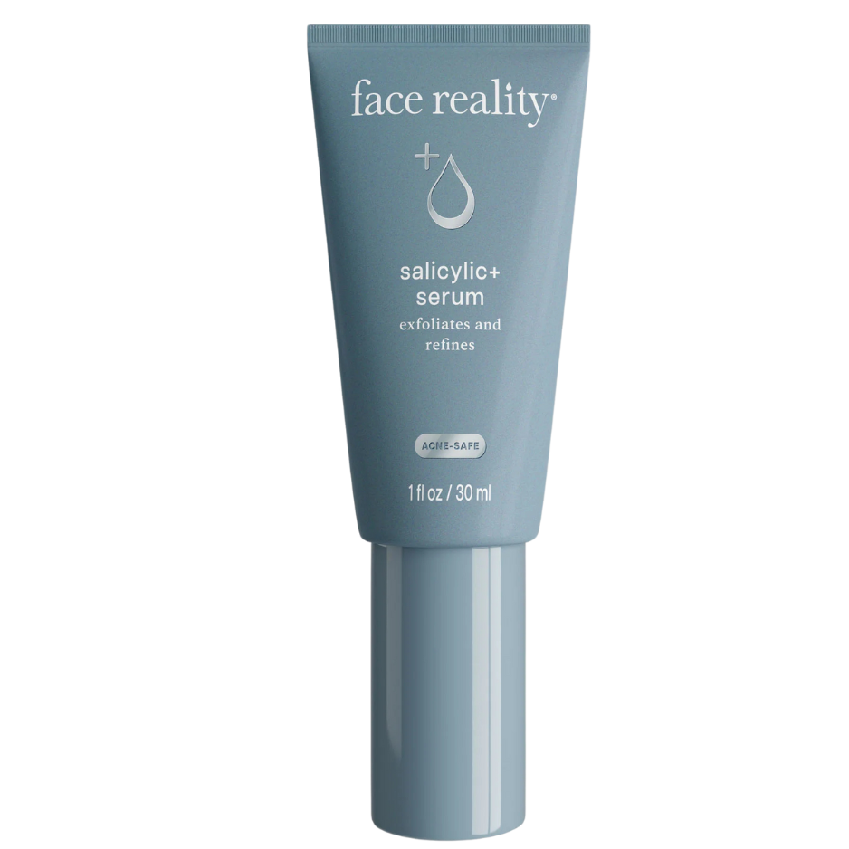 A tube of Face Reality Salicylic+ Serum with exfoliating and brightening properties, suitable for all skin types.