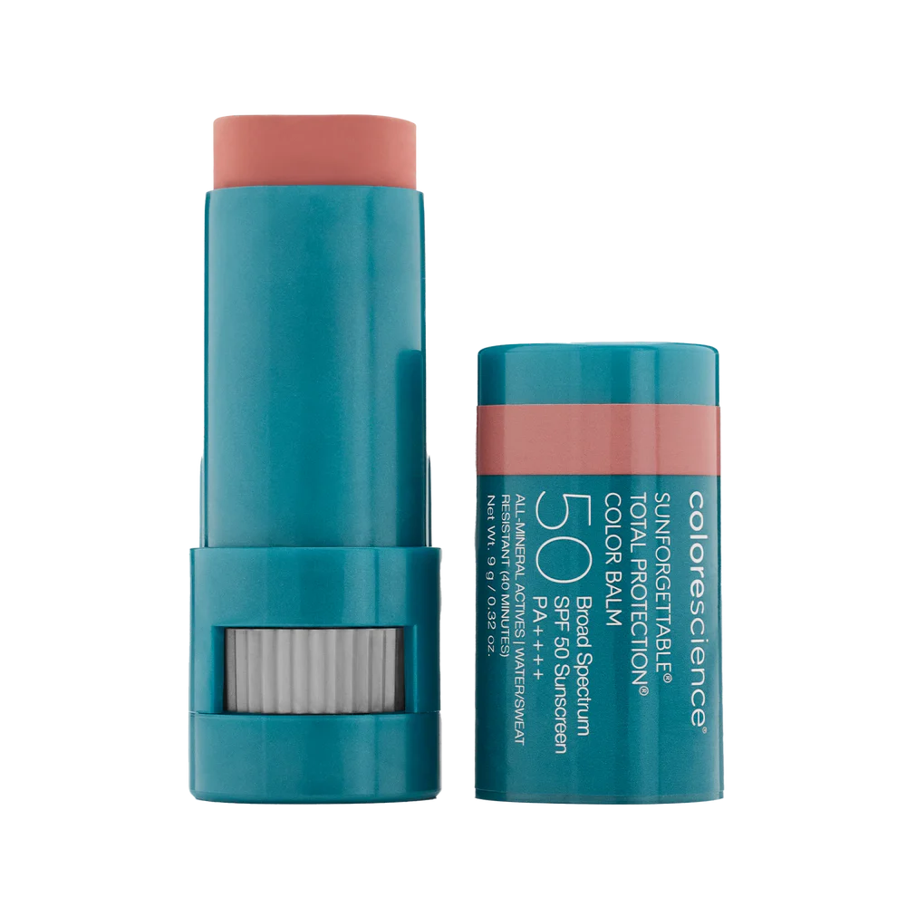 A stick of Sunforgettable Total Protection Color Balm SPF 50 with the cap off, showing the balm stick with a raspberry color shade.