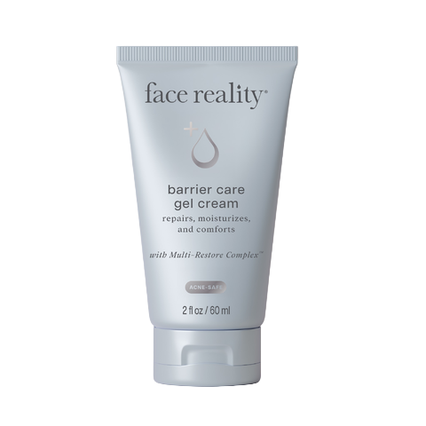 Tube of 'face reality' barrier care gel cream on a white background