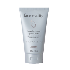 Tube of 'face reality' barrier care gel cream on a white background