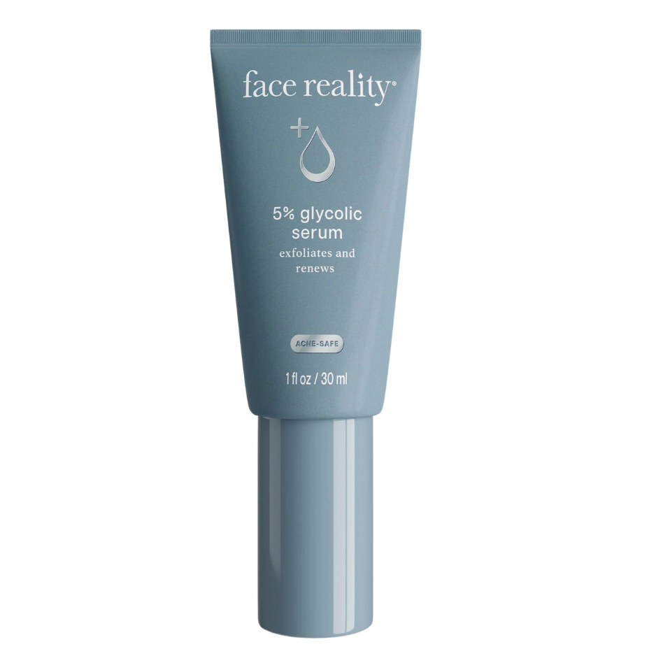 A tube of Face Reality 5% glycolic serum with a white and blue label, indicating its purpose for exfoliating and renewing skin.
