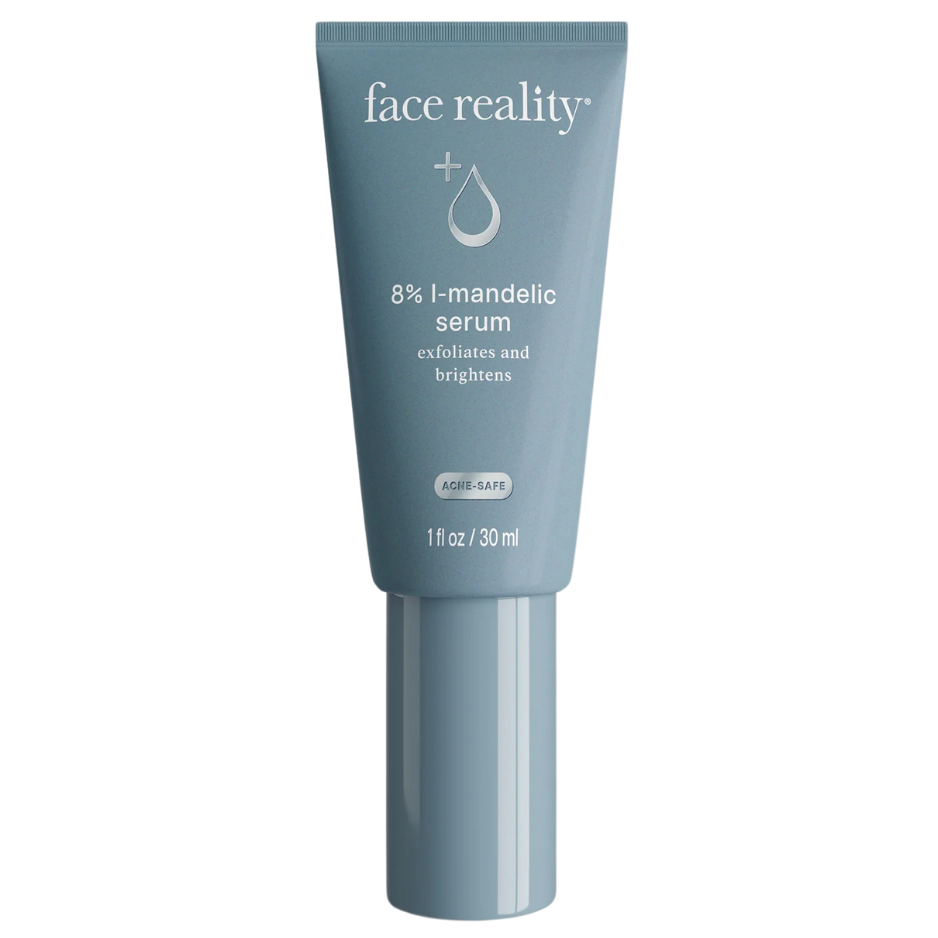 A tube of Face Reality 8% L-Mandelic Serum with a blue label on a plain background.