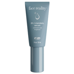 A tube of Face Reality 8% L-Mandelic Serum with a blue label on a plain background.