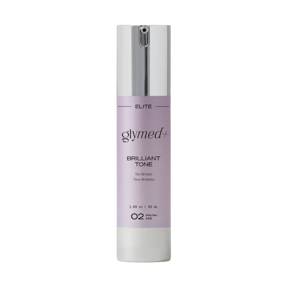 A bottle of glymed Brilliant Tone serum with a white and purple label, indicating it is a skin care product for achieving an even skin tone.