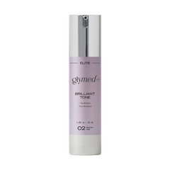 A bottle of glymed Brilliant Tone serum with a white and purple label, indicating it is a skin care product for achieving an even skin tone.