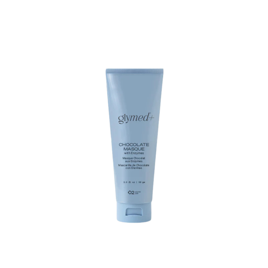 A tube of Glymed Plus Chocolate Masque with enzymes for skin care.