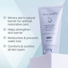 Tube of 'face reality' barrier care gel cream with text highlighting its benefits on a light blue background.