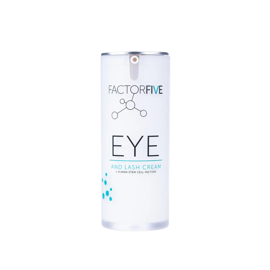 A bottle of Factor Five Eye and Lash cream designed for skincare, specifically for the eye area.