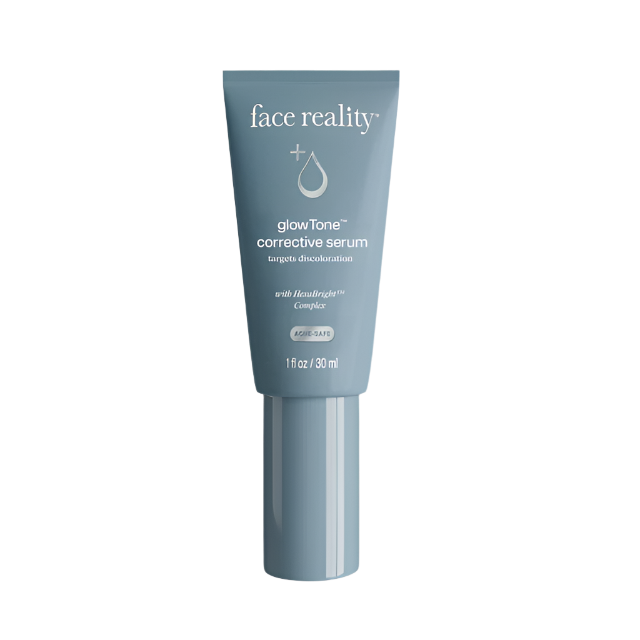 A tube of GlowTone Corrective Serum by Face Reality, with blue packaging and white text.