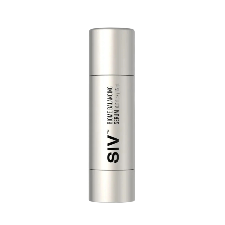 A cylindrical bottle of SIV Biome Balancing Serum against a white background.
