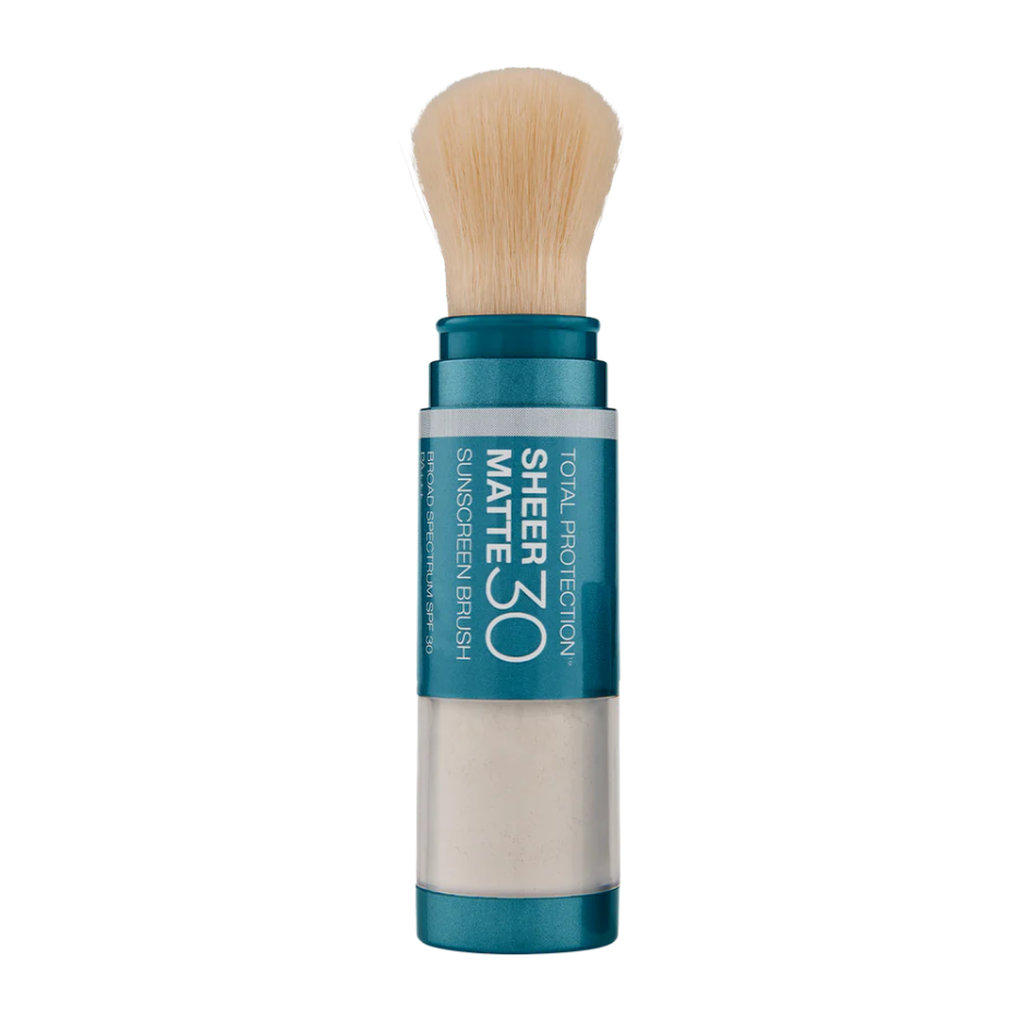 A Sunforgettable Sheer Matte SPF 30 Sunscreen Brush with a blue and white packaging and a beige brush.