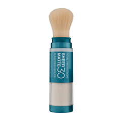 A Sunforgettable Sheer Matte SPF 30 Sunscreen Brush with a blue and white packaging and a beige brush.