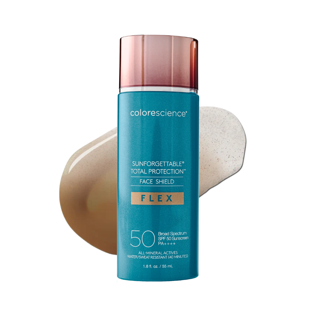 Blue sunscreen face shield with gold label on white background