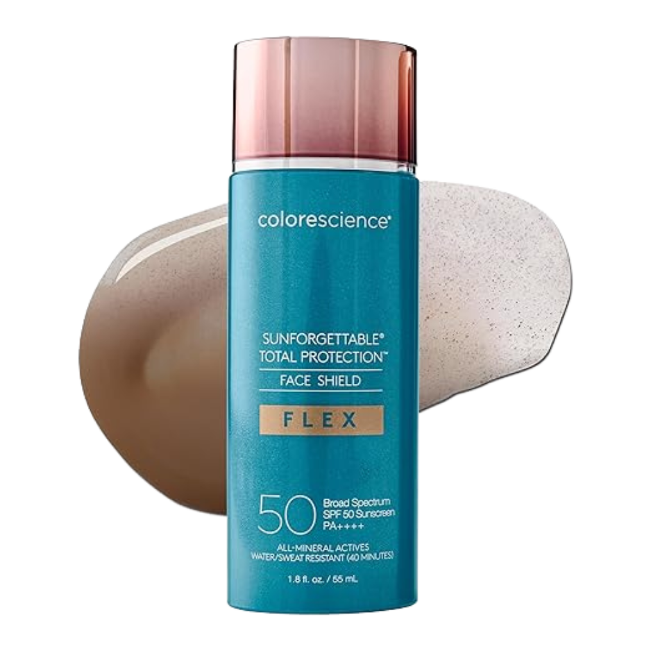 A pump bottle of Colorescience Sunforgettable Face Shield Flex SPF 50 mineral sunscreen with a swatch of the tinted product color.