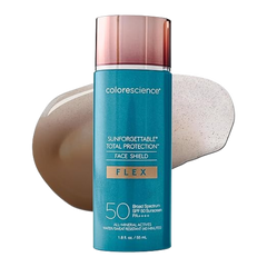A pump bottle of Colorescience Sunforgettable Face Shield Flex SPF 50 mineral sunscreen with a swatch of the tinted product color.