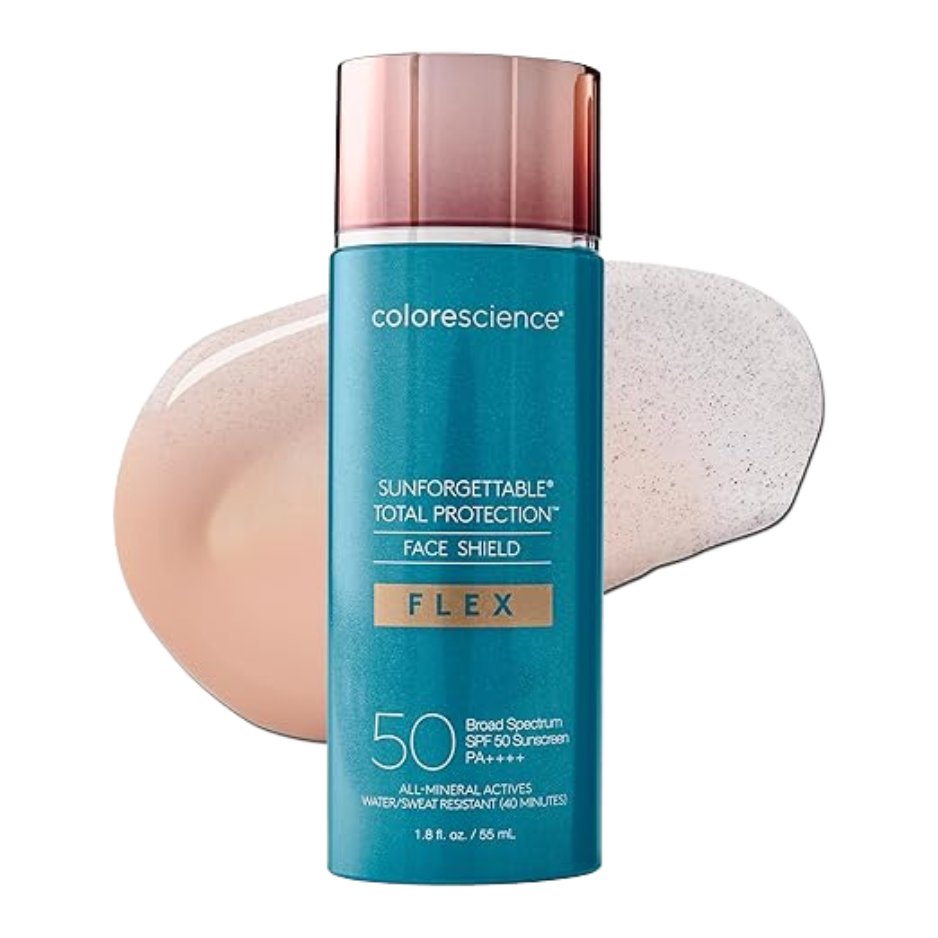A pump bottle of Colorescience Sunforgettable Face Shield Flex SPF 50 mineral sunscreen with a swatch of the tinted product color.