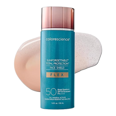 A pump bottle of Colorescience Sunforgettable Face Shield Flex SPF 50 mineral sunscreen with a swatch of the tinted product color.