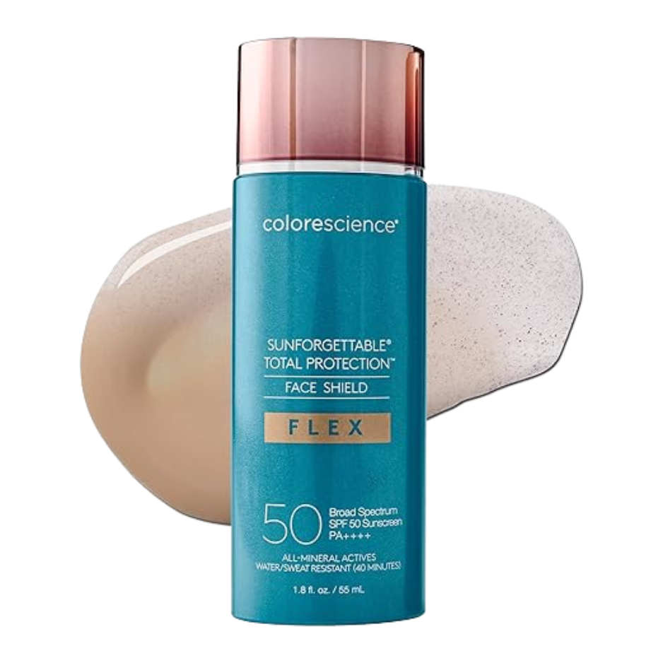 A pump bottle of Colorescience Sunforgettable Face Shield Flex SPF 50 mineral sunscreen with a swatch of the tinted product color.