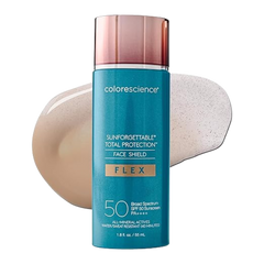 A pump bottle of Colorescience Sunforgettable Face Shield Flex SPF 50 mineral sunscreen with a swatch of the tinted product color.