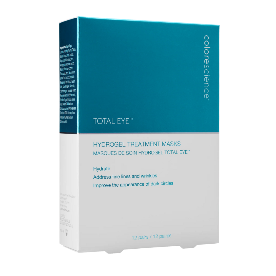 A box of Total Eye Hydrogel Treatment Masks by Colorescience, with product information and branding visible.