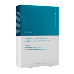 A box of Total Eye Hydrogel Treatment Masks by Colorescience, with product information and branding visible.